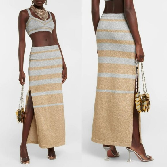 Paco Rabanne Gold Silver Stripe Metallic Knit Maxi Skirt Side Slit Glam Resort - Picture 1 of 14